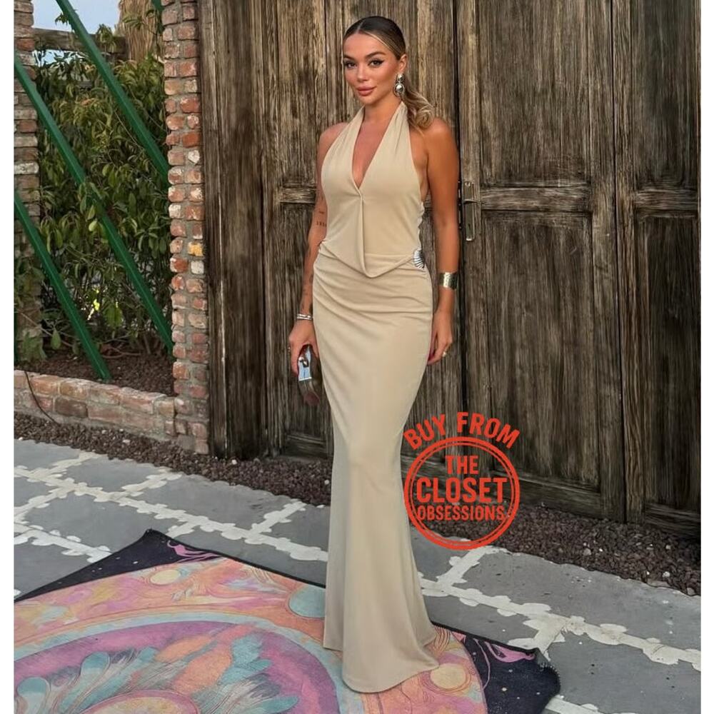 Zara NWT Khaki Halter Open Back Draped Maxi Dress M L